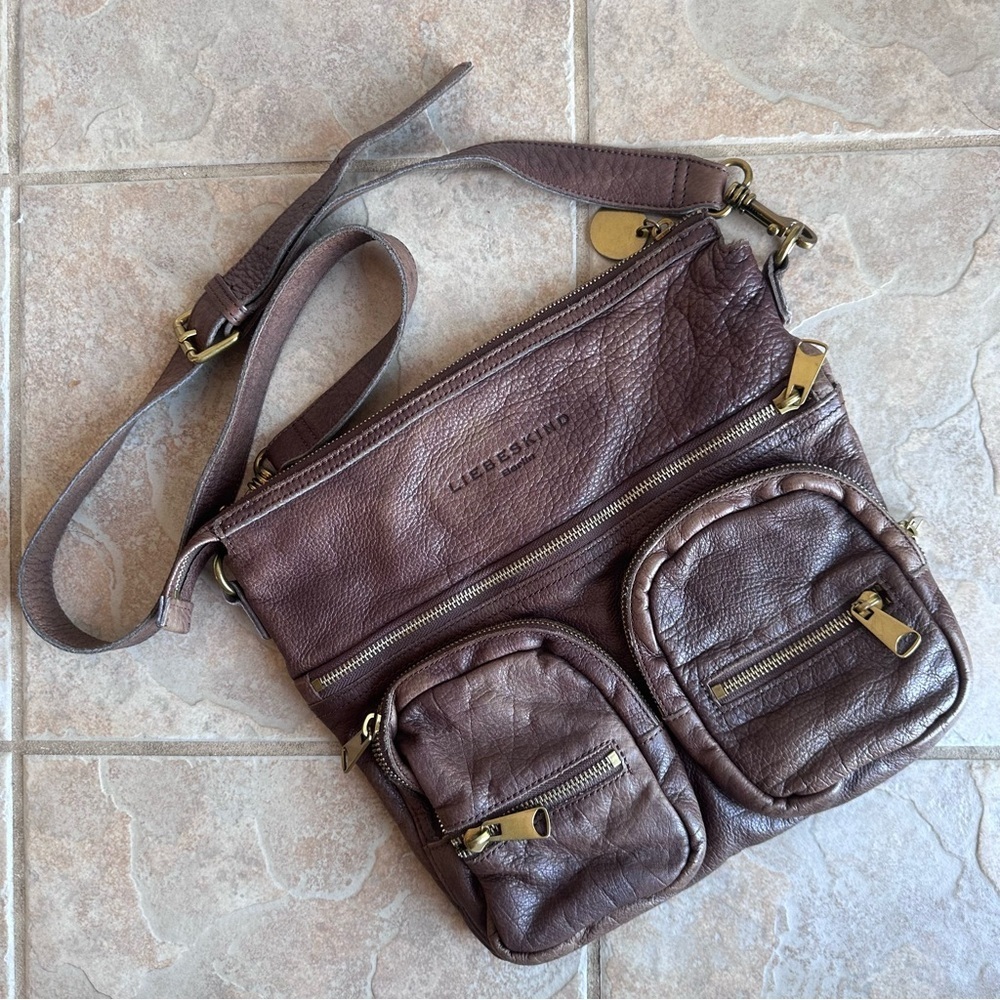 Liebeskind Berlin Brown Leather Buffalo Plaid Lining Slouchy Hobo Crossbody​​